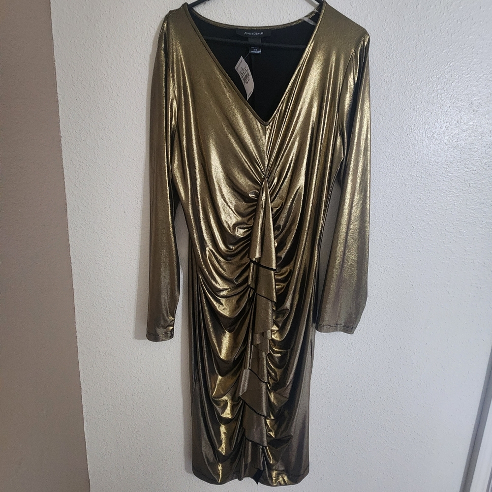 Ashley Stewart Gold Ruched Bodycon Dress with Dolman Sleeves